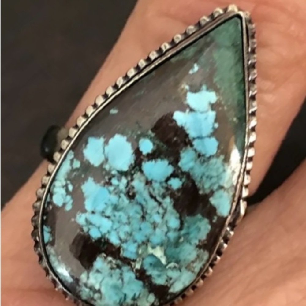 Old Arizona Turquoise Blue Web Sterling Silver Arrow Snake Ring, Size 6.75